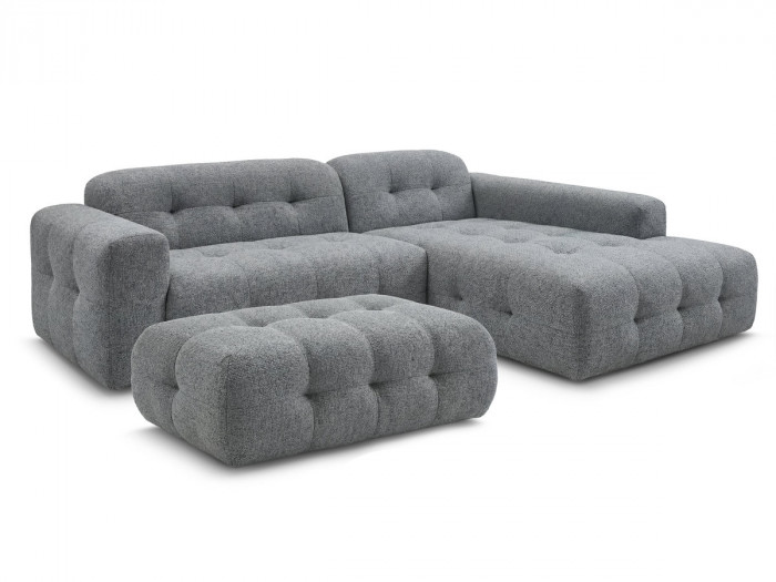 Canapé d'angle fixe LAURA tissu chiné avec grand pouf