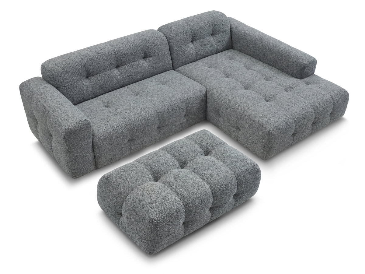 Canapé d'angle fixe LAURA tissu chiné avec grand pouf