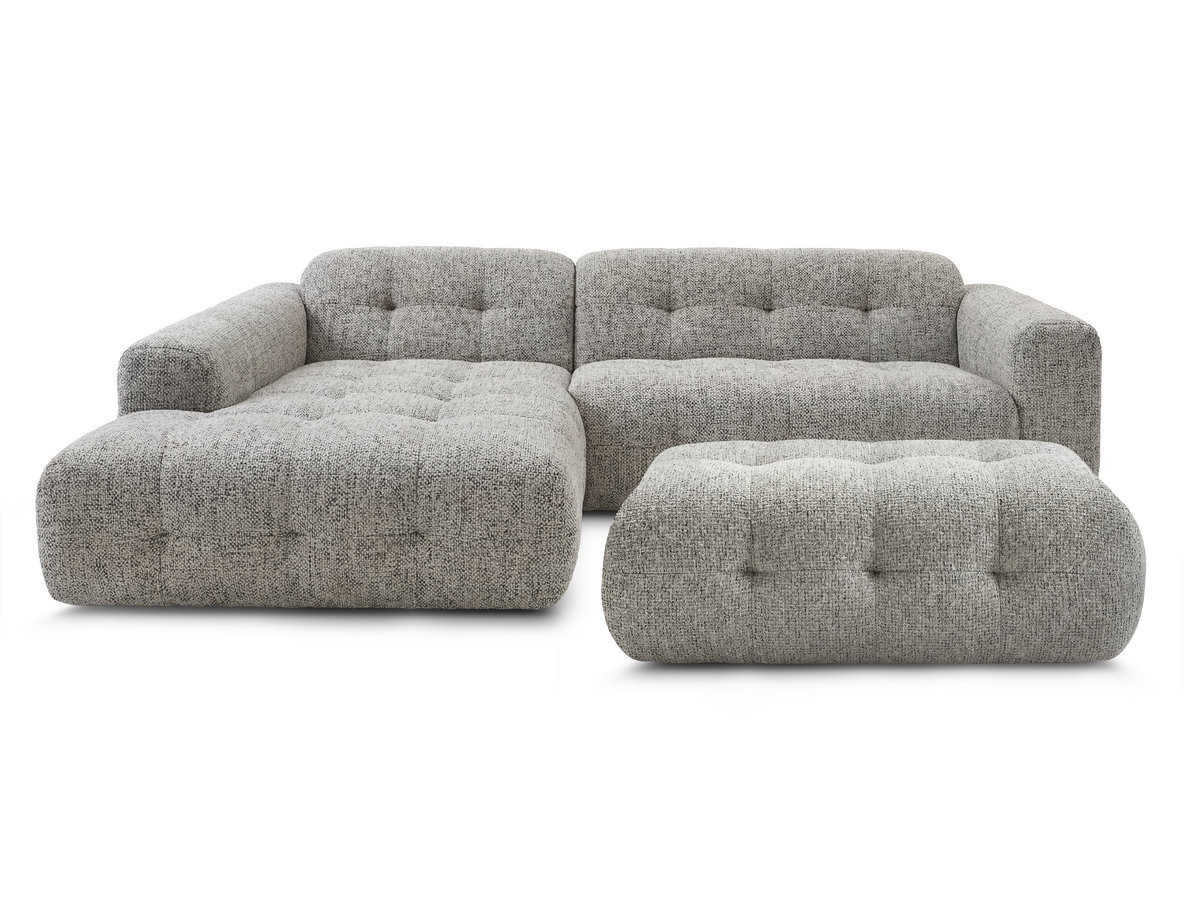 Canapé d'angle fixe LAURA tissu chiné avec grand pouf