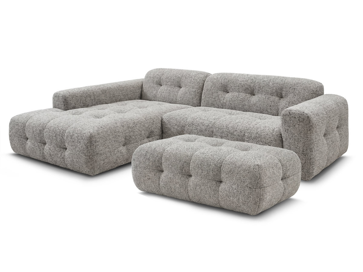 canapé d'angle fixe laura tissu chiné avec grand pouf de couleur taupe