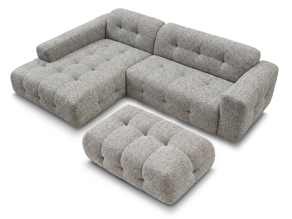 Canapé d'angle fixe LAURA tissu chiné avec grand pouf