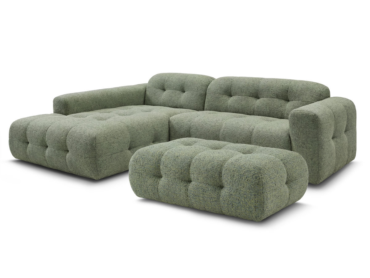canapé d'angle fixe laura tissu chiné avec grand pouf de couleur vert clair
