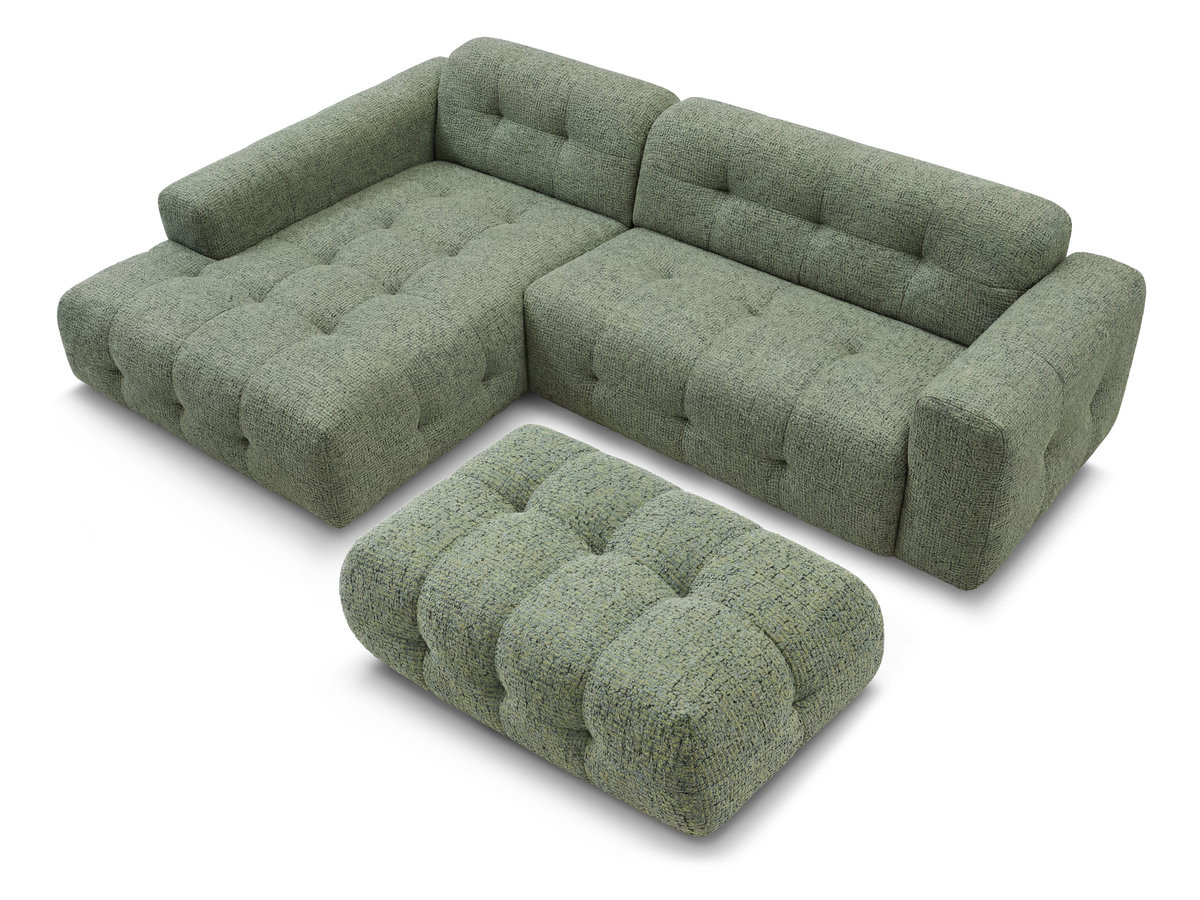 Canapé d'angle fixe LAURA tissu chiné avec grand pouf