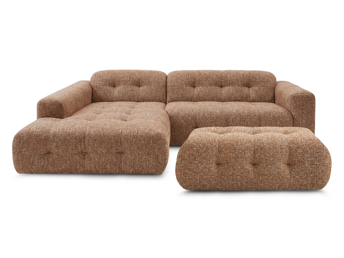 Canapé d'angle fixe LAURA tissu chiné avec grand pouf