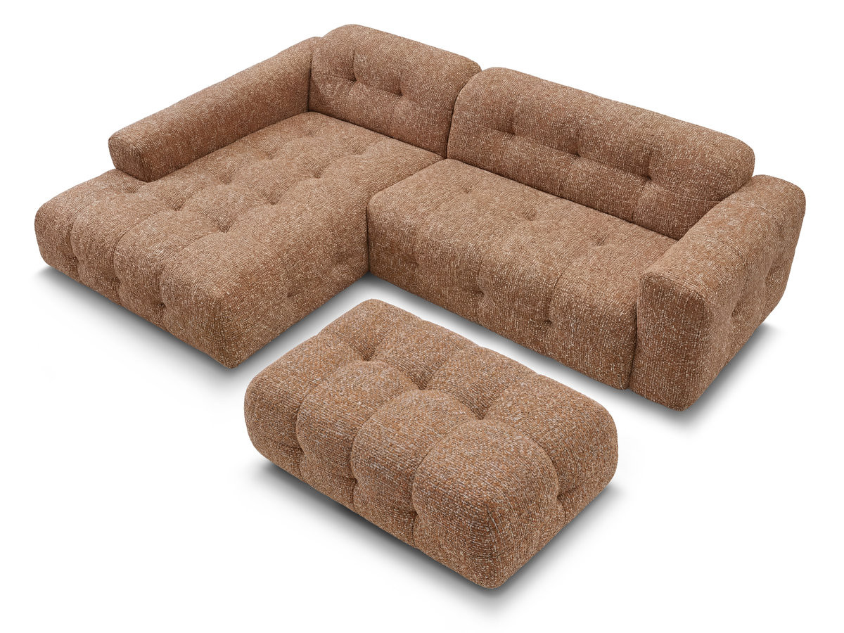 Canapé d'angle fixe LAURA tissu chiné avec grand pouf