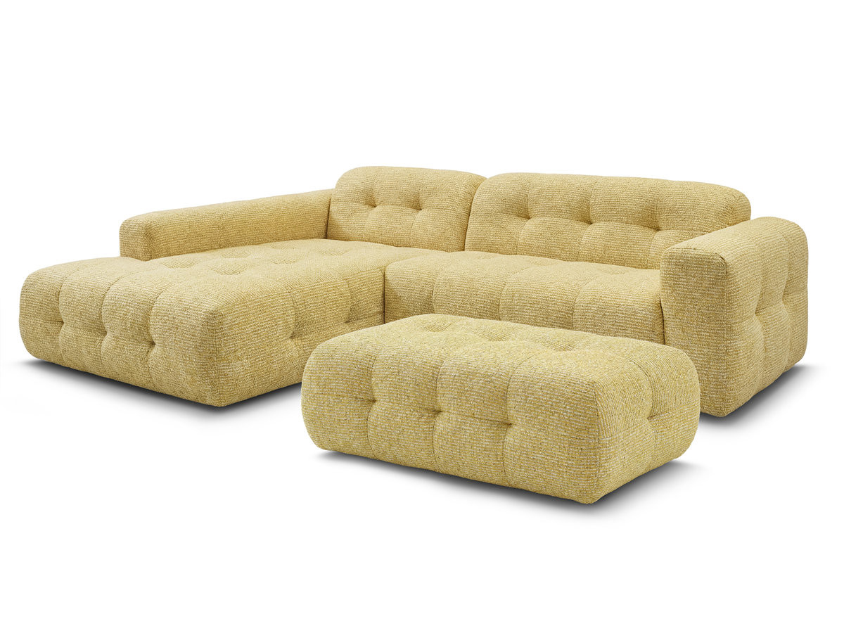 Canapé d'angle fixe LAURA tissu chiné avec grand pouf