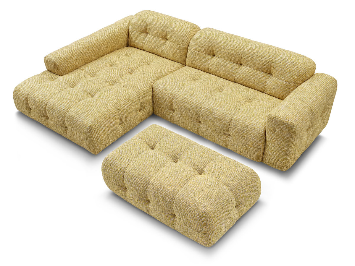 Canapé d'angle fixe LAURA tissu chiné avec grand pouf