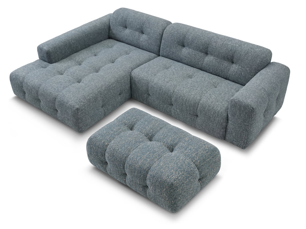Canapé d'angle fixe LAURA tissu chiné avec grand pouf
