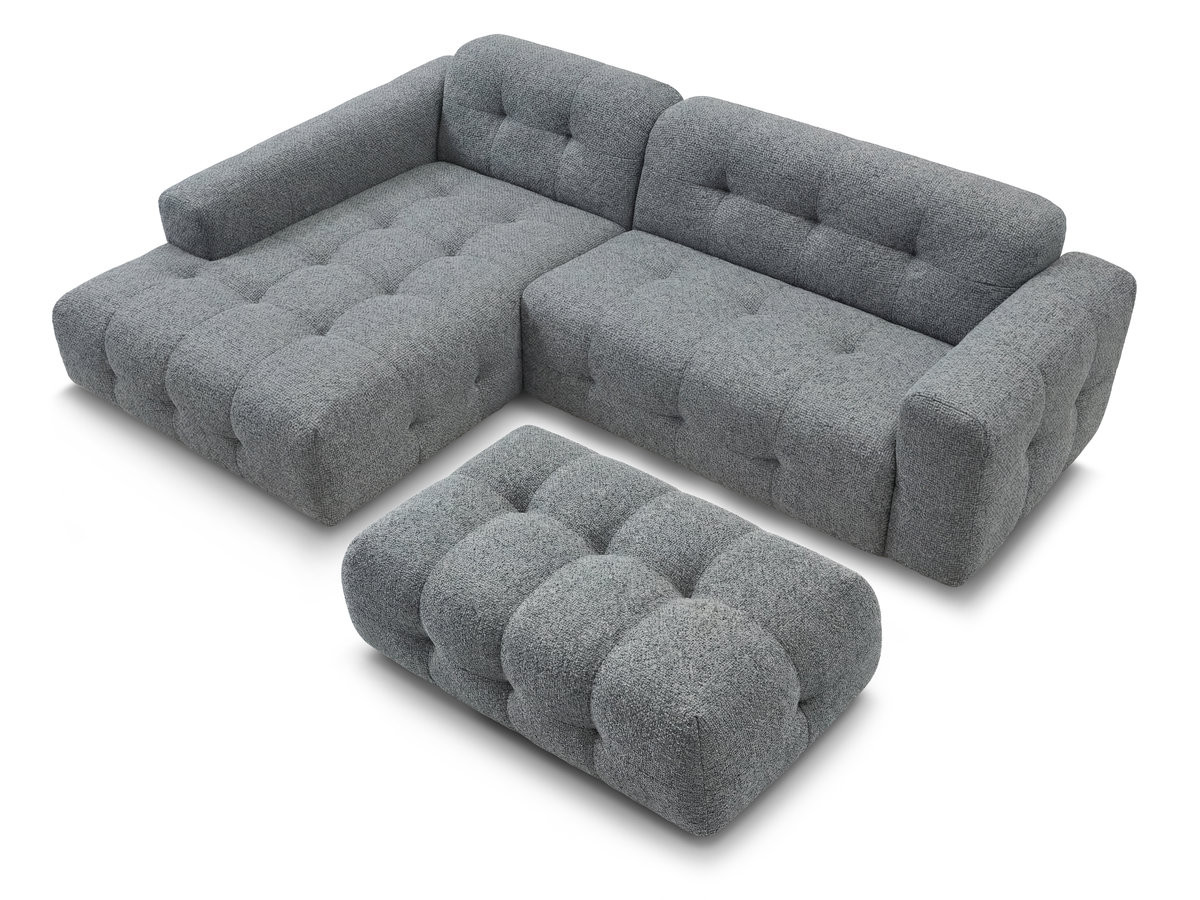 Canapé d'angle fixe LAURA tissu chiné avec grand pouf