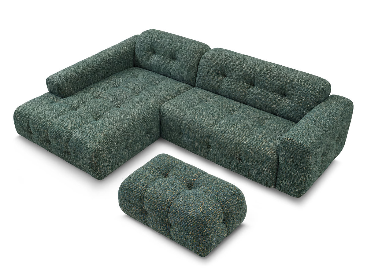 LAURA vaste hoekbank in gemęleerde stof met kleine poef