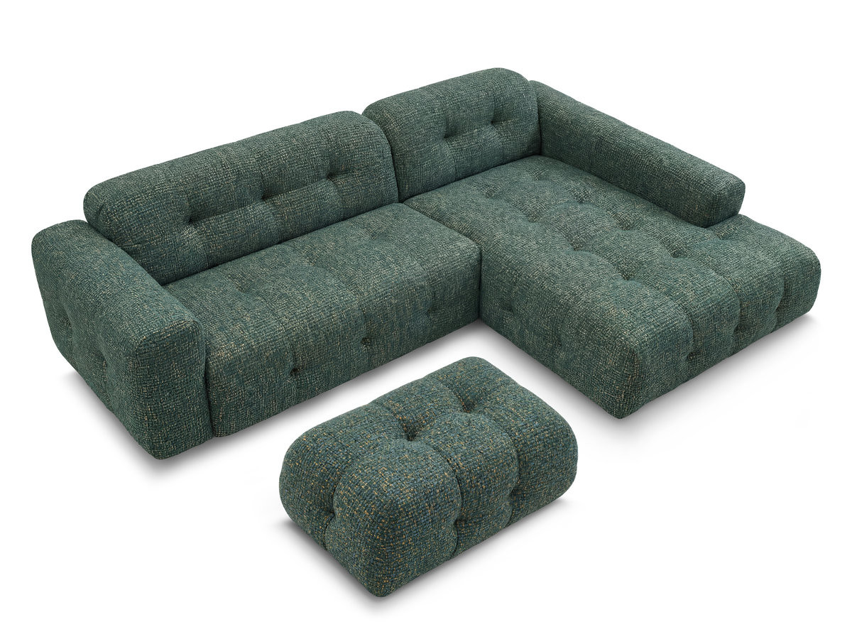 LAURA vaste hoekbank in gemęleerde stof met kleine poef