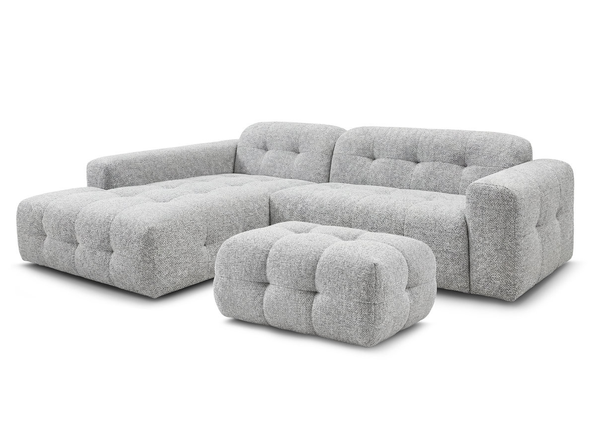 laura vaste hoekbank in gemęleerde stof met kleine poef gekleurd lichtgrijs
