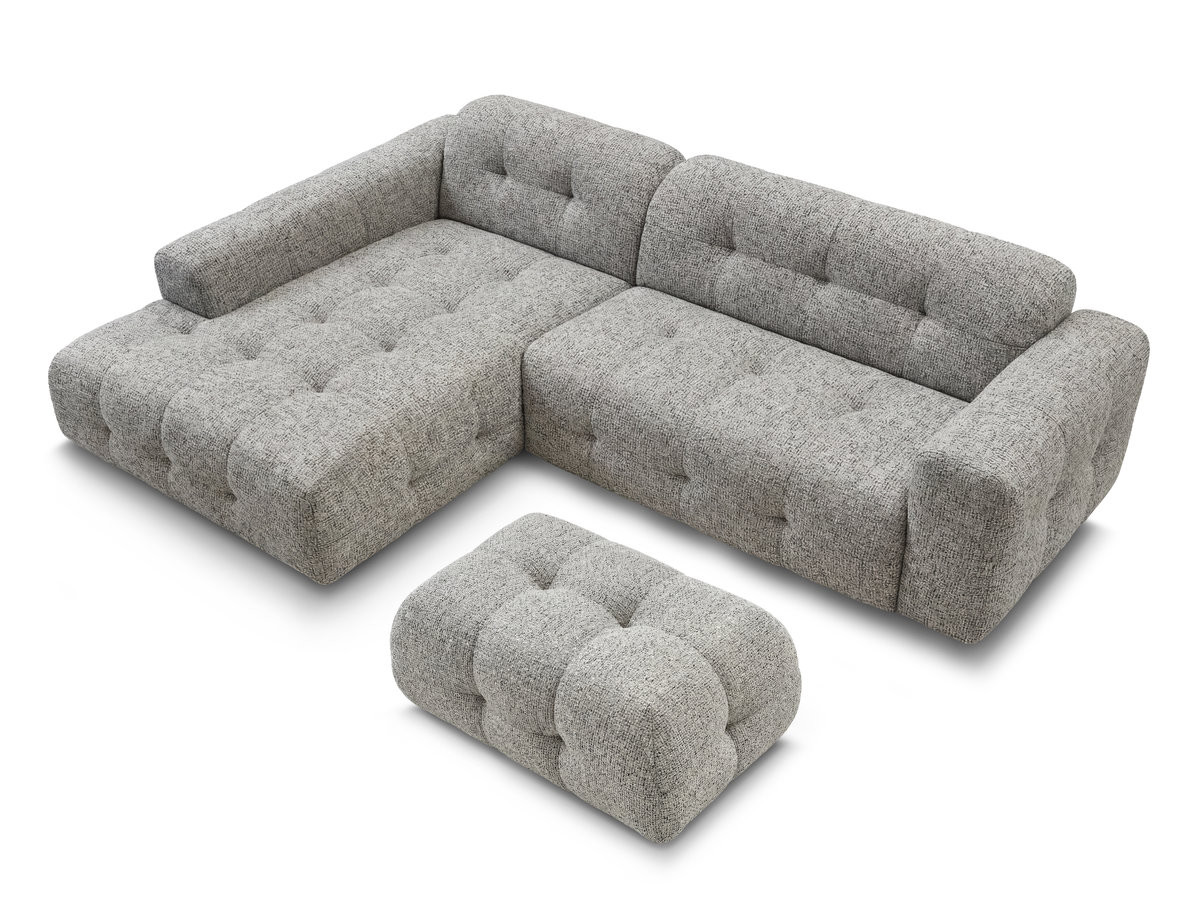 LAURA vaste hoekbank in gemęleerde stof met kleine poef