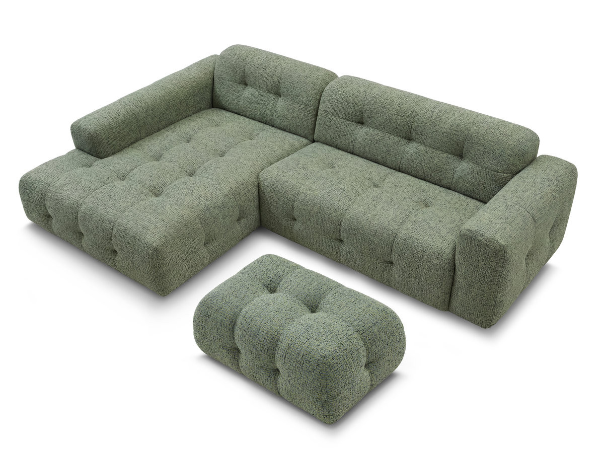 LAURA vaste hoekbank in gemęleerde stof met kleine poef