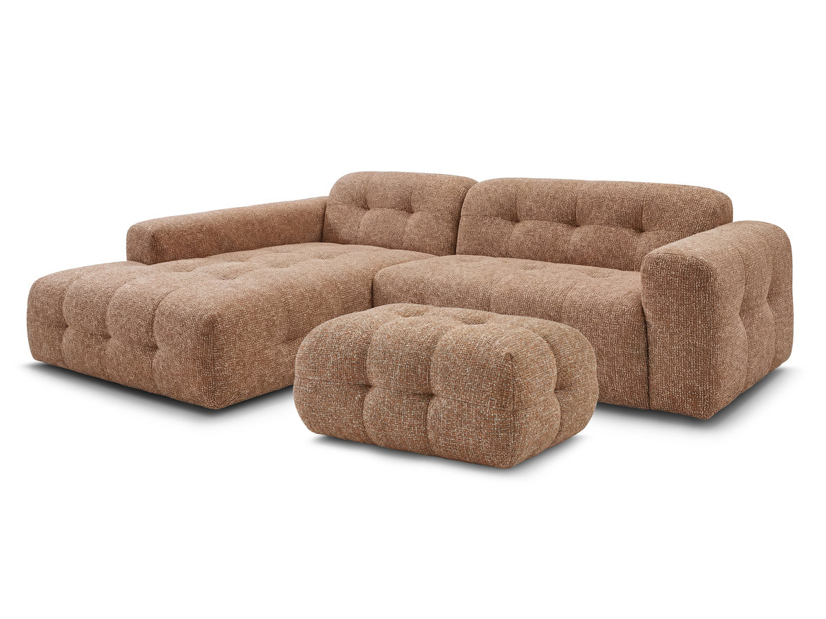 laura vaste hoekbank in gemęleerde stof met kleine poef gekleurd oranje