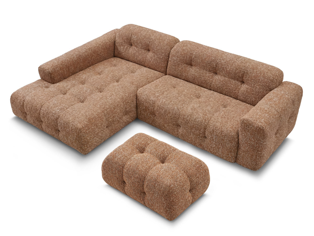 LAURA vaste hoekbank in gemęleerde stof met kleine poef