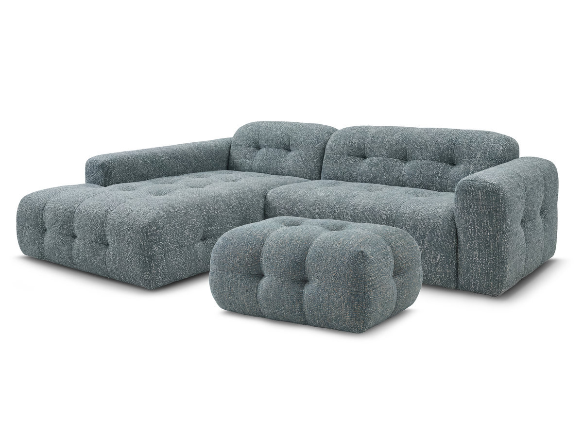 laura vaste hoekbank in gemęleerde stof met kleine poef gekleurd blauw