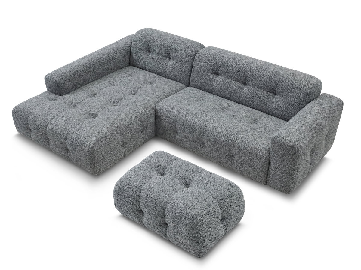 LAURA vaste hoekbank in gemęleerde stof met kleine poef