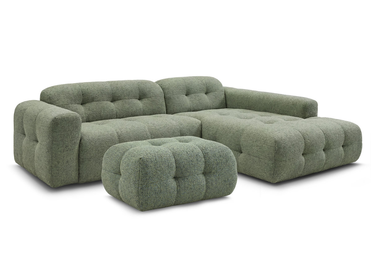 LAURA vaste hoekbank in gemęleerde stof met kleine poef