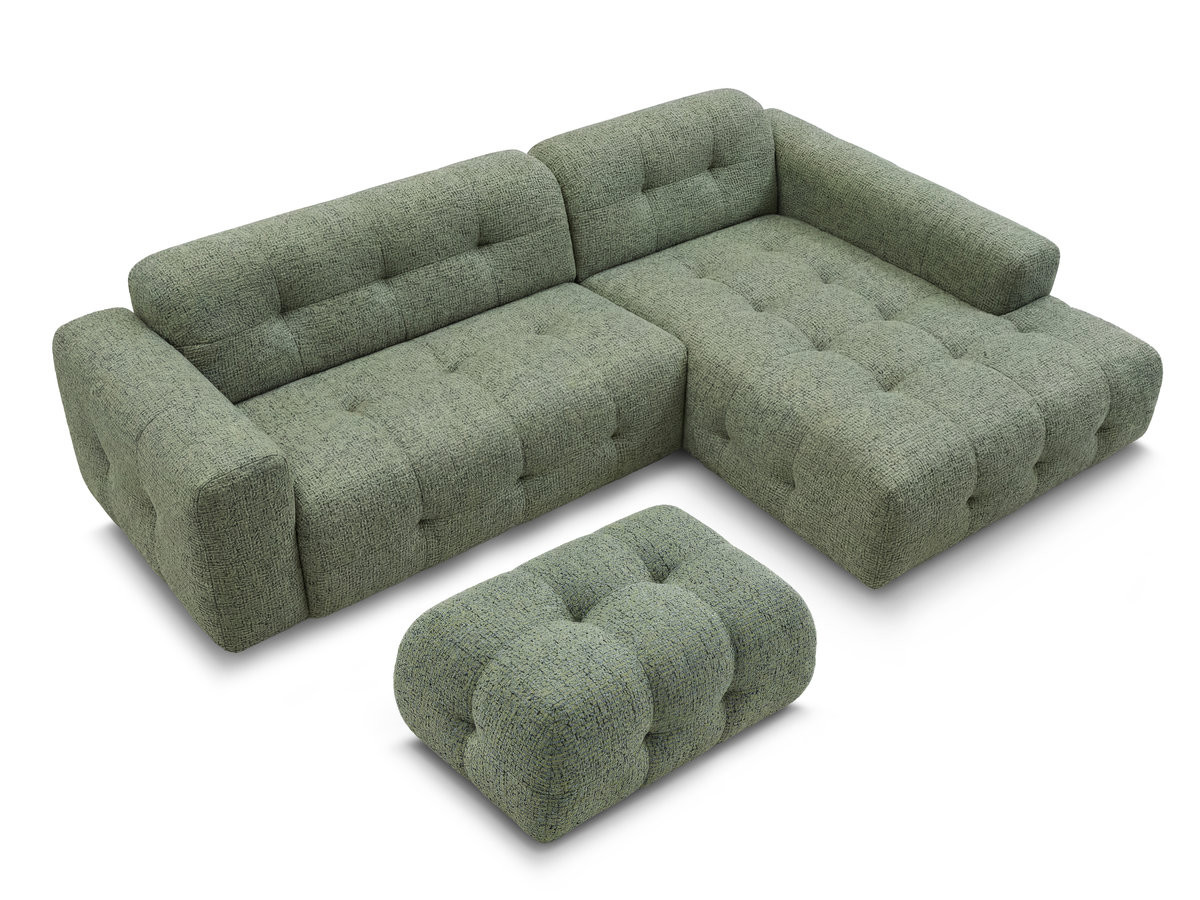 LAURA vaste hoekbank in gemęleerde stof met kleine poef