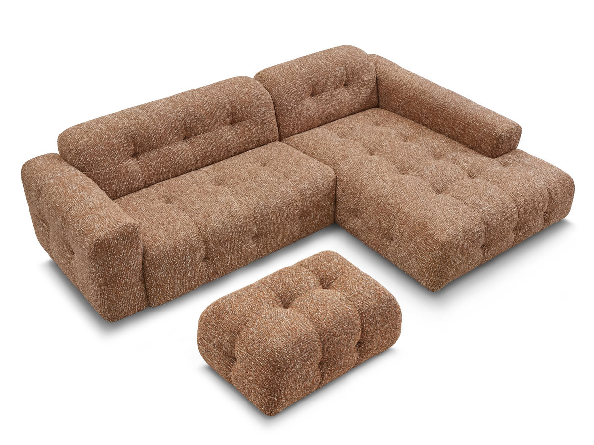 LAURA vaste hoekbank in gemęleerde stof met kleine poef