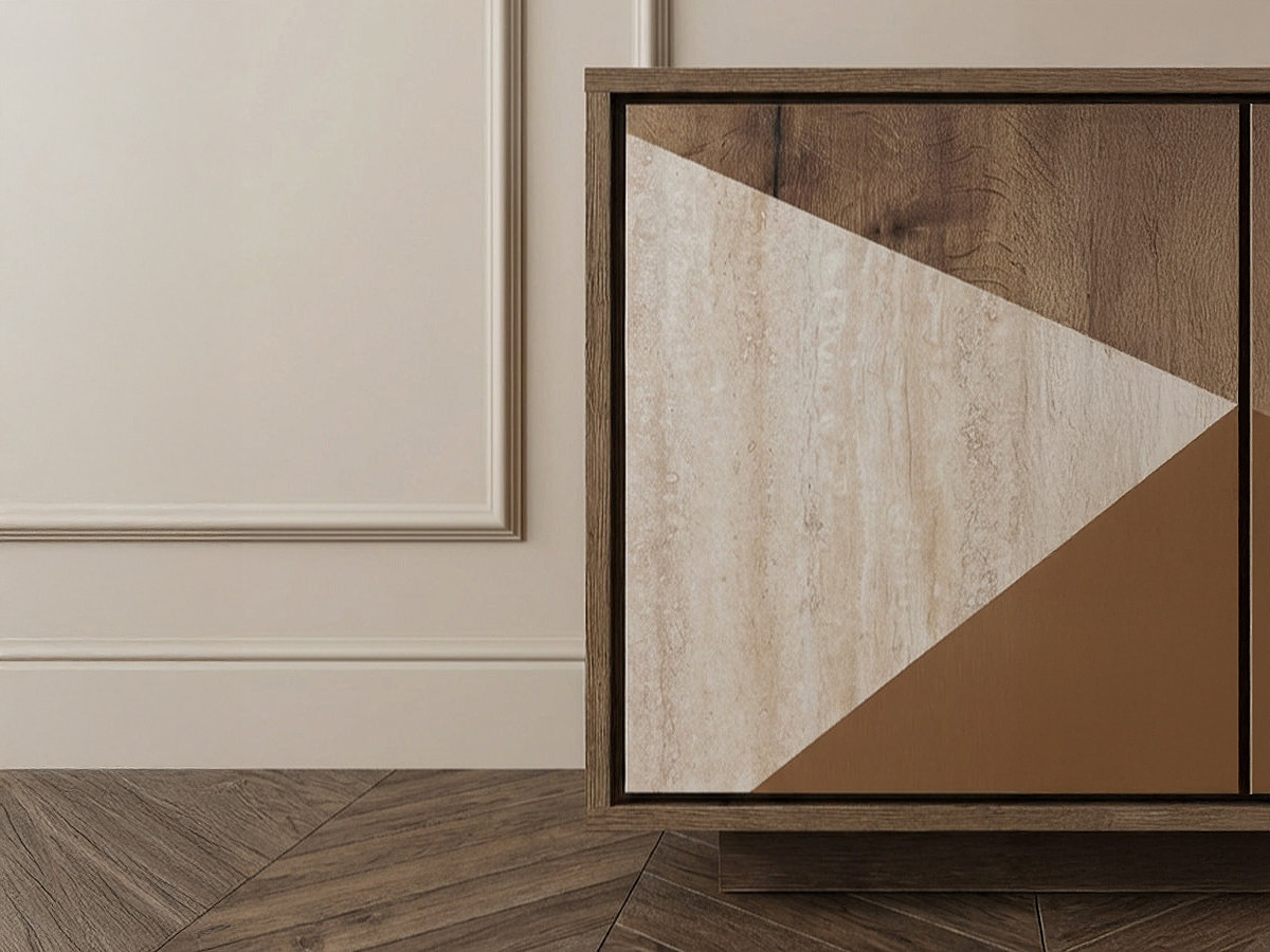 TULUM dressoir met 4 deuren, 190 cm, hout- en travertinlook