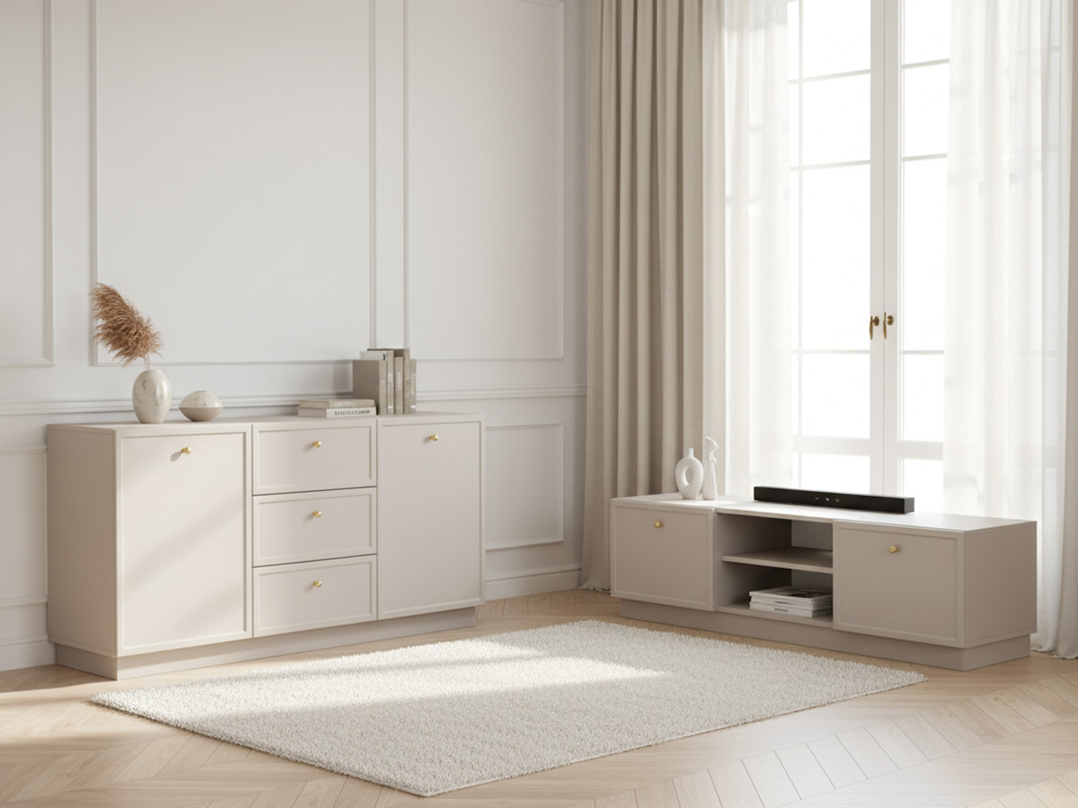 Ensemble LORINA avec buffet 150 cm + meuble TV 150 cm poignées or Ensemble LORINA avec buffet 150 cm + meuble TV 150 cm poignées or