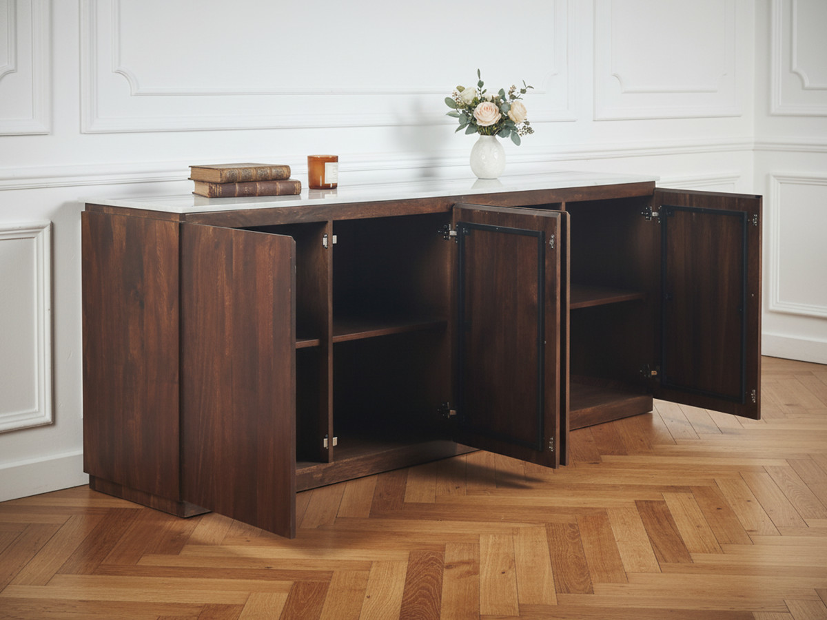 BARBARA set met dressoir van 200 cm + tv-meubel van 200 cm, uitgevoerd in massief mangohout en marmer.