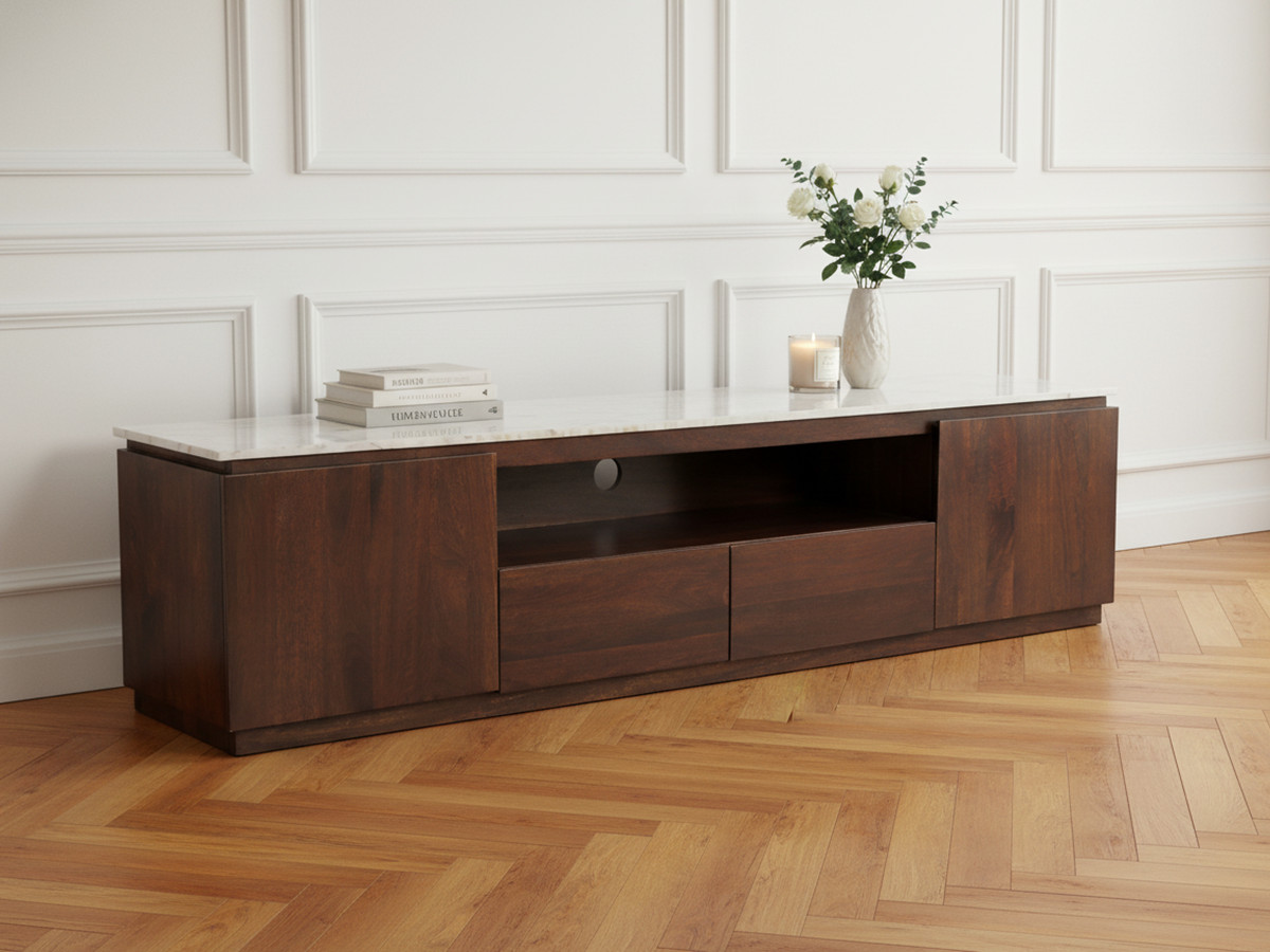 BARBARA set met dressoir van 200 cm + tv-meubel van 200 cm, uitgevoerd in massief mangohout en marmer.