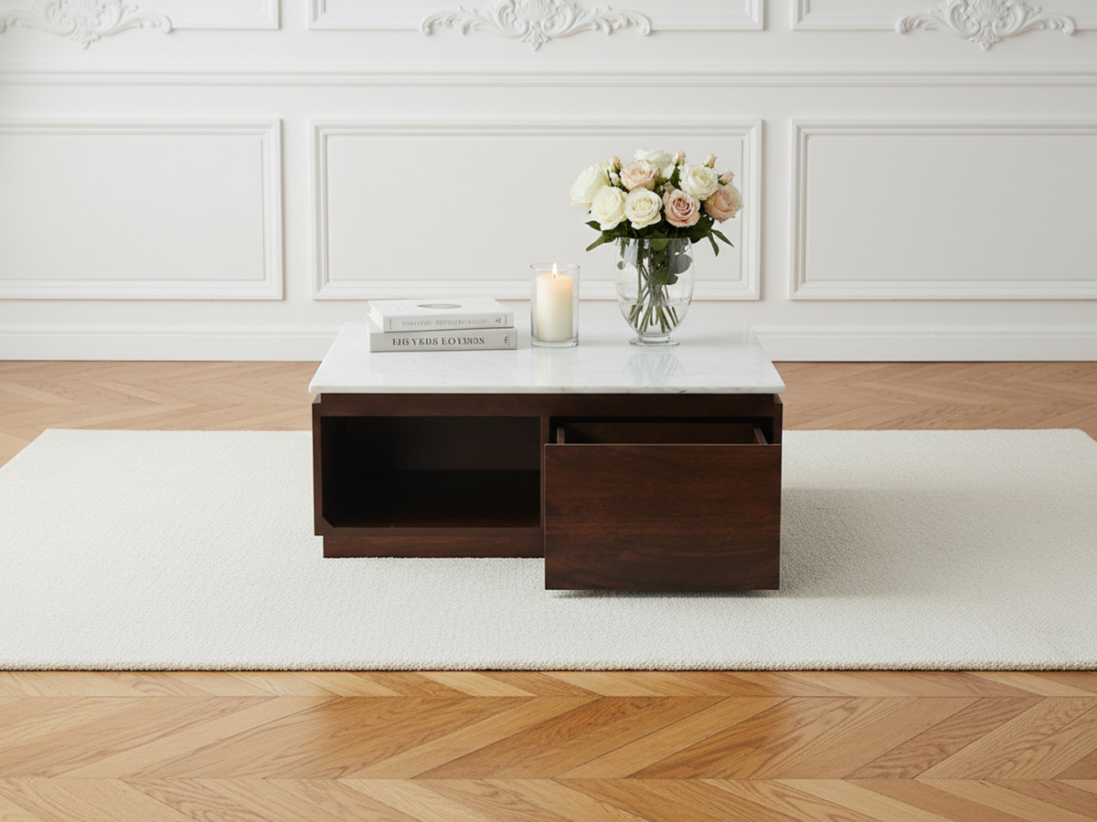 BARBARA set bestaande uit een dressoir van 200 cm, een tv-meubel van 200 cm en een salontafel van massief mangohout en marmer.