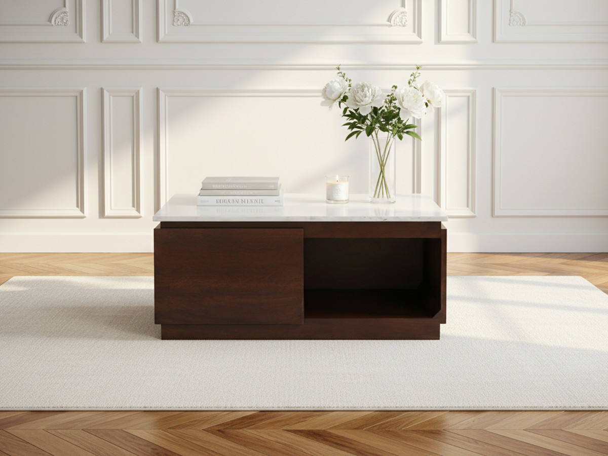 BARBARA set bestaande uit een dressoir van 200 cm, een tv-meubel van 200 cm en een salontafel van massief mangohout en marmer.