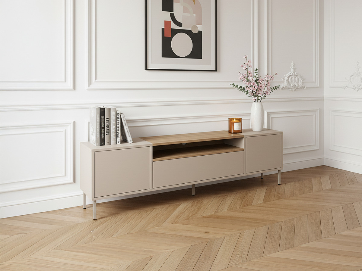 Set LINO buffet 200 cm + TV-meubel 180 cm eiken effect blad en metalen poten