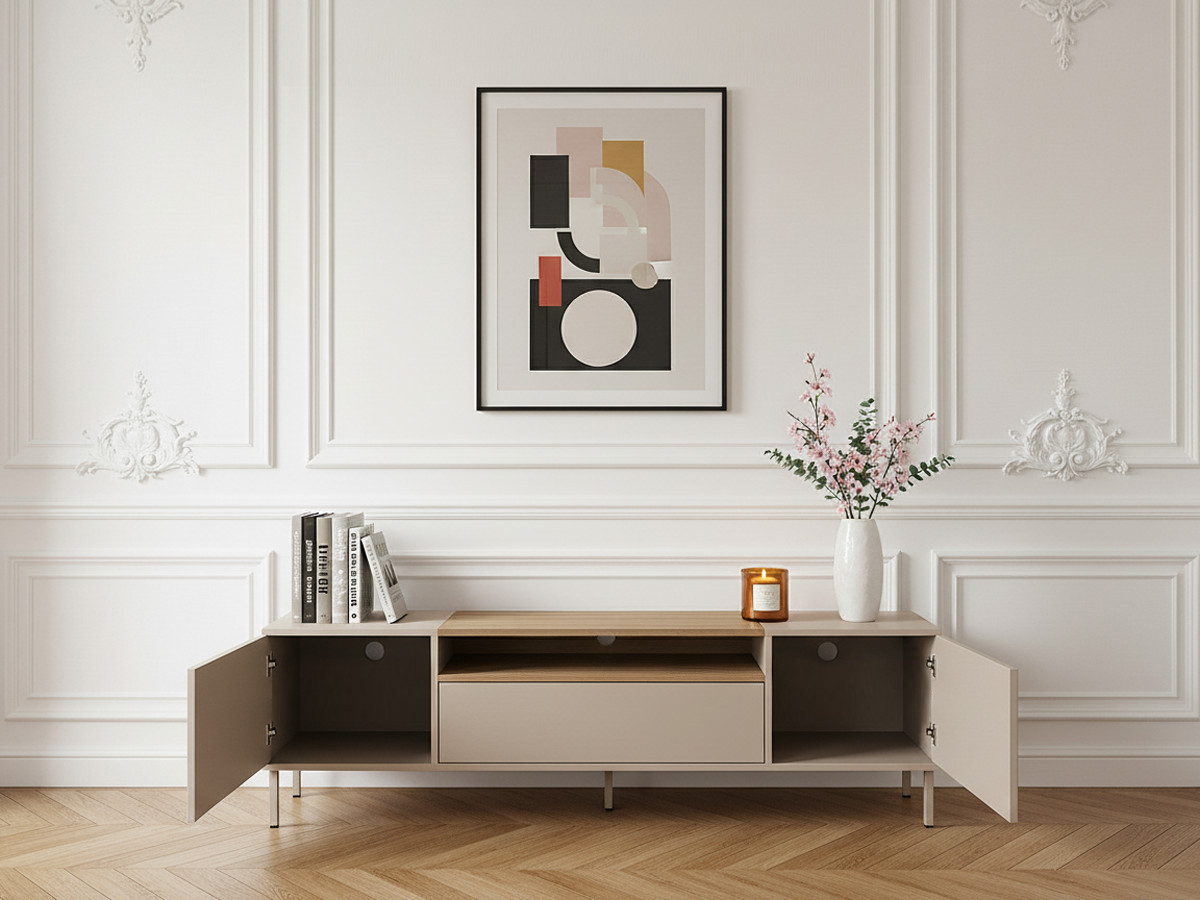 Set LINO buffet 200 cm + TV-meubel 180 cm eiken effect blad en metalen poten