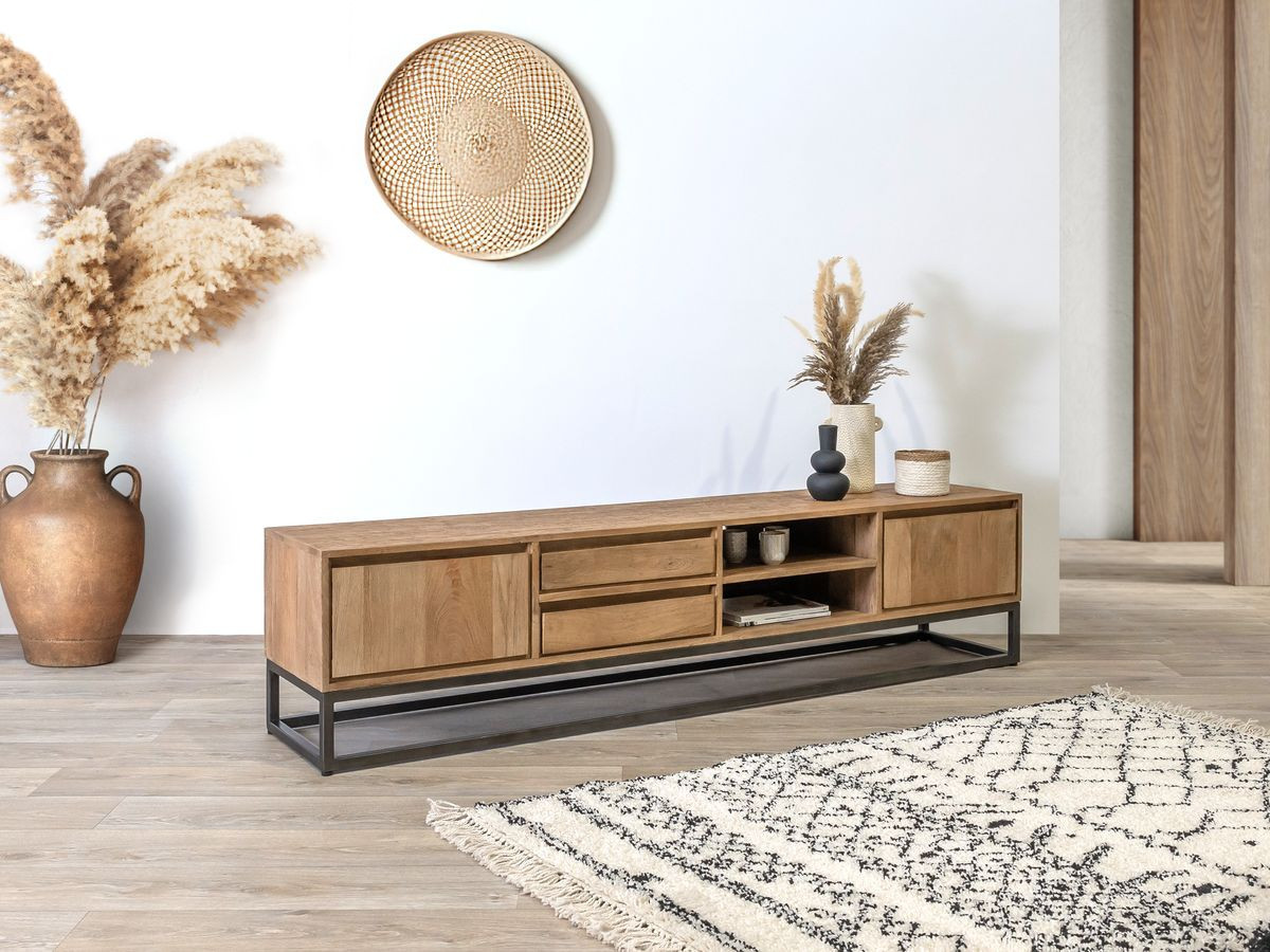 Ensemble BERGERAC avec buffet 190 cm + meuble TV 200 cm + table basse bois massif de manguier