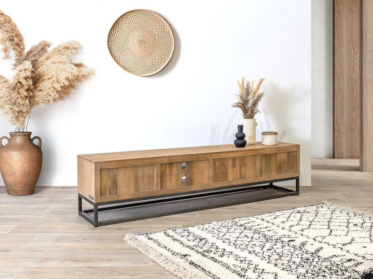 Ensemble BERGERAC avec buffet 190 cm + meuble TV 200 cm + table basse bois massif de manguier