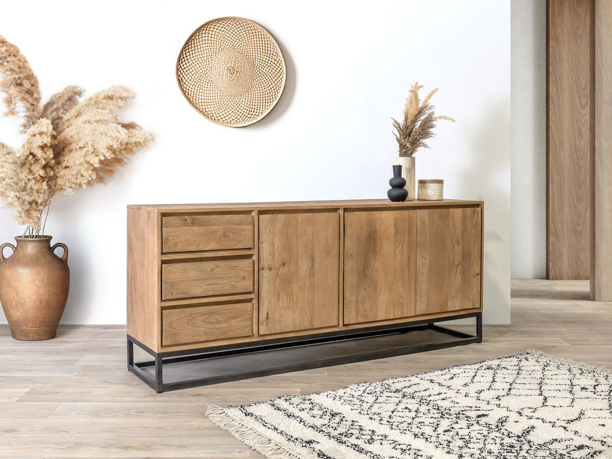Ensemble BERGERAC avec buffet 190 cm + meuble TV 200 cm + table basse bois massif de manguier
