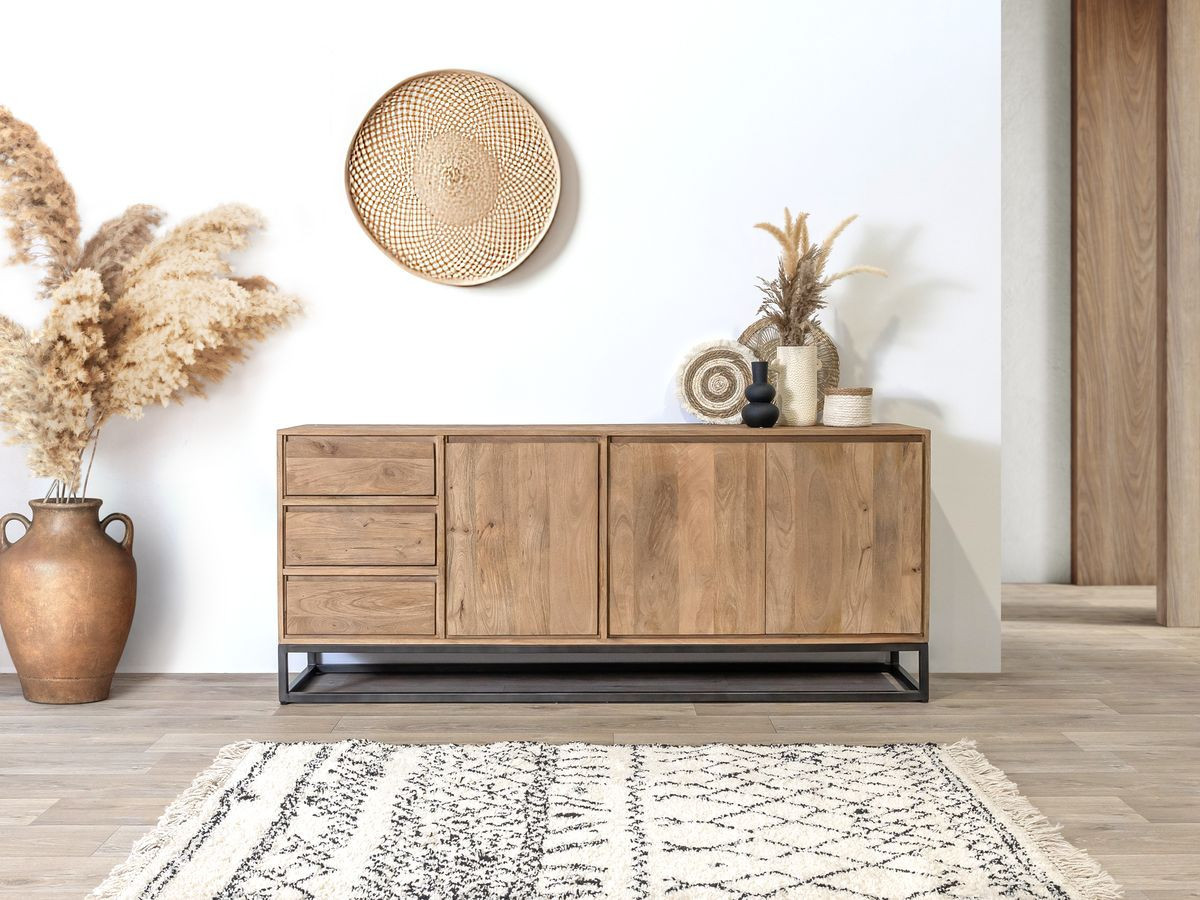 Ensemble BERGERAC avec buffet 190 cm + meuble TV 200 cm + table basse bois massif de manguier