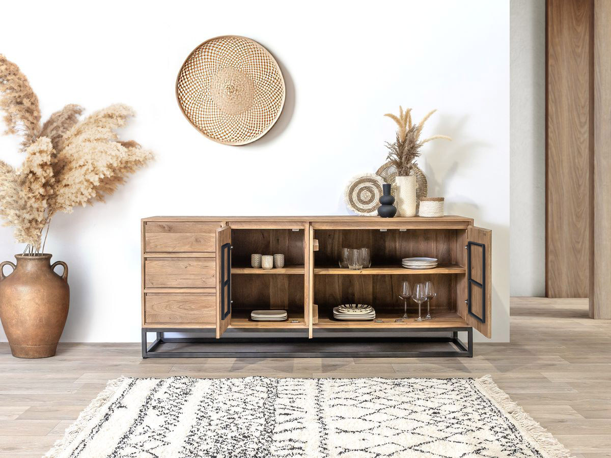 Ensemble BERGERAC avec buffet 190 cm + meuble TV 200 cm + table basse bois massif de manguier