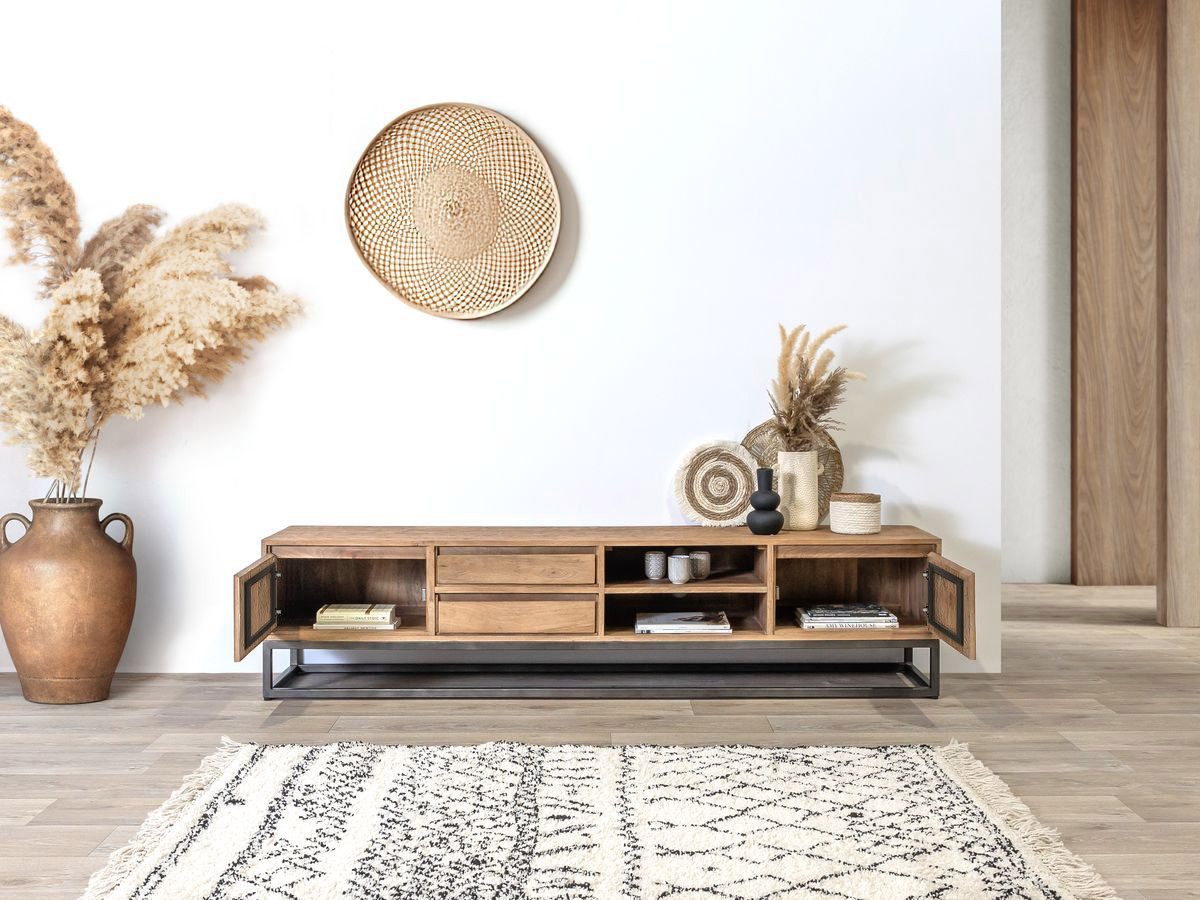 Ensemble BERGERAC avec buffet 190 cm + meuble TV 200 cm + table basse bois massif de manguier