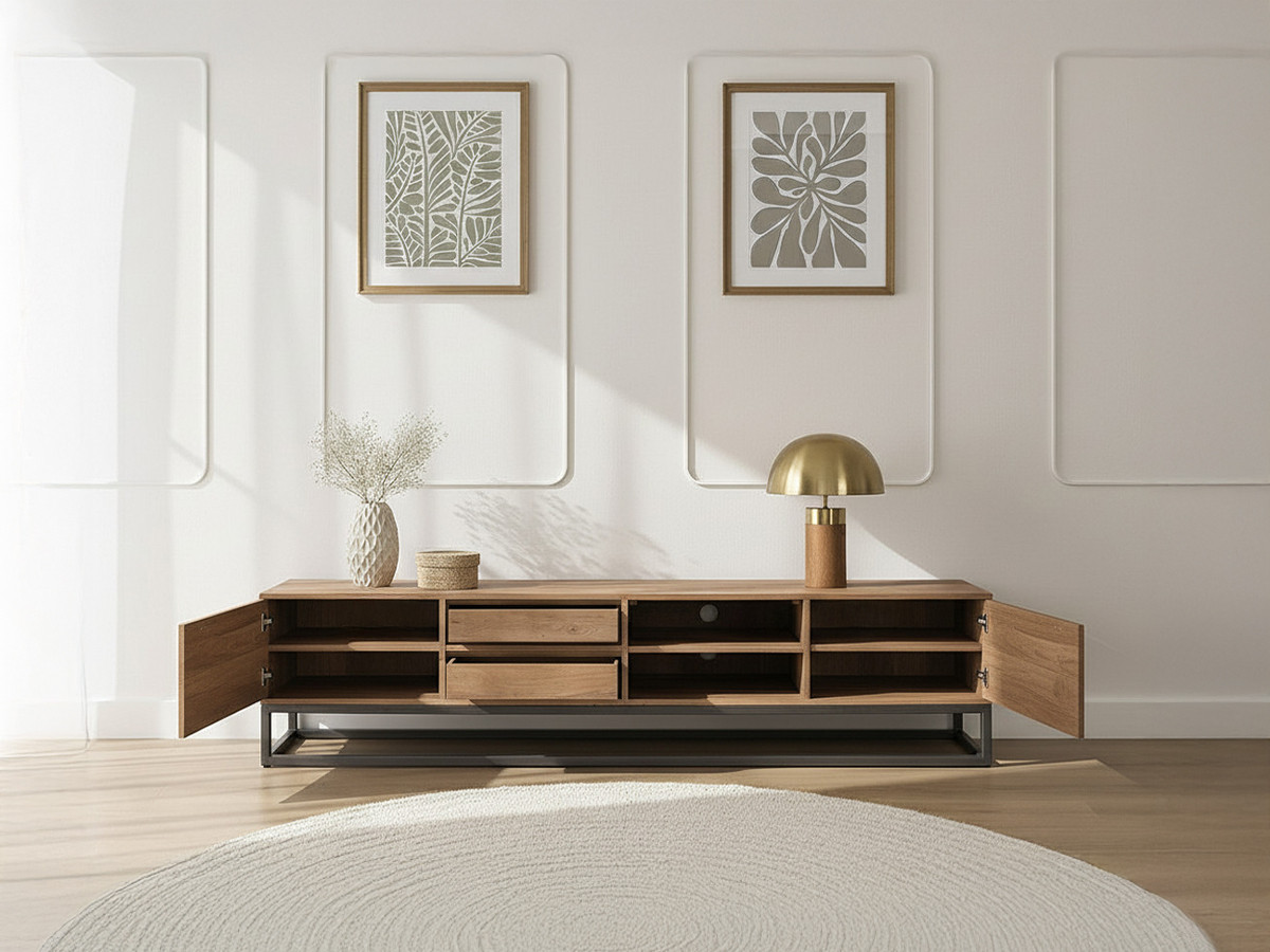 Ensemble BERGERAC avec buffet 190 cm + meuble TV 200 cm + table basse bois massif de manguier