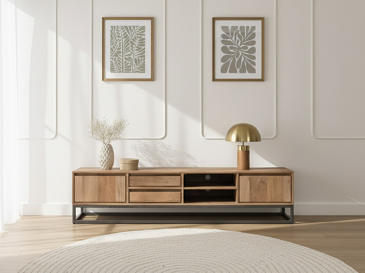 Ensemble BERGERAC avec buffet 190 cm + meuble TV 200 cm + table basse bois massif de manguier