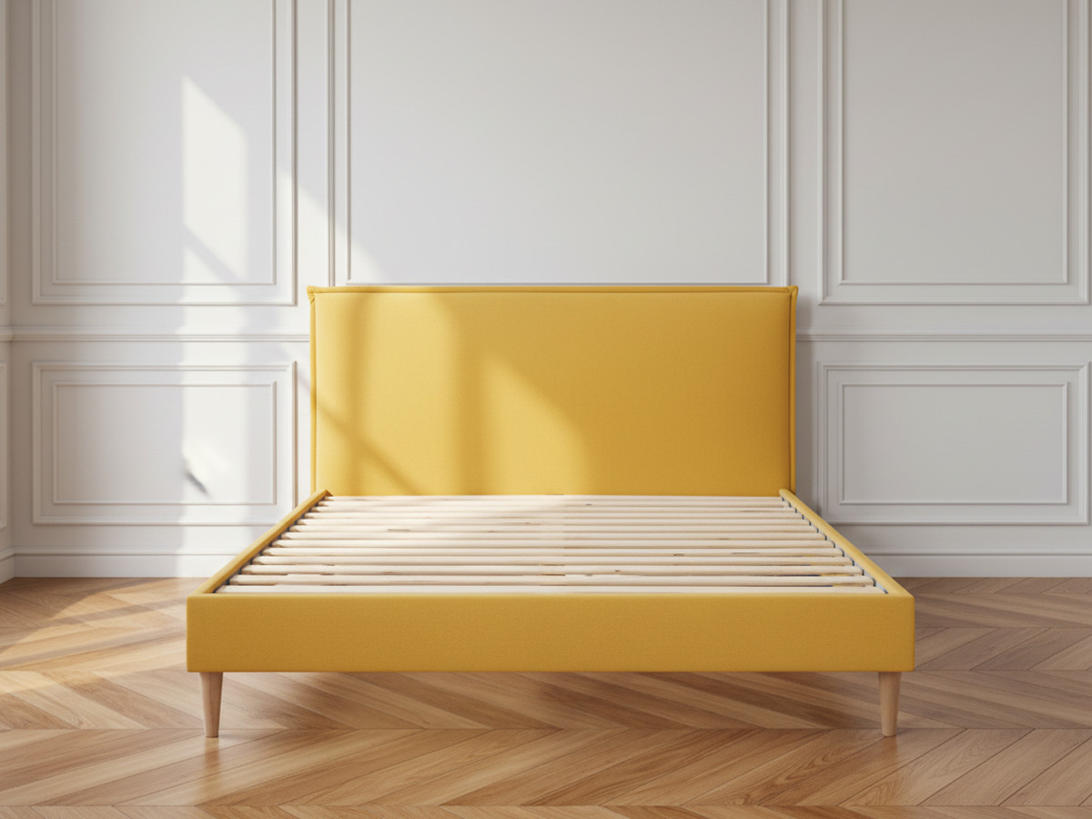 Lit SARY avec lattes massives pieds en bois naturel jaune moutarde — vue 6