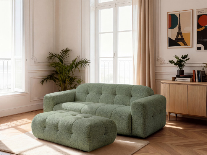 Canapé droit fixe 3 places LAURA tissu chiné avec grand pouf