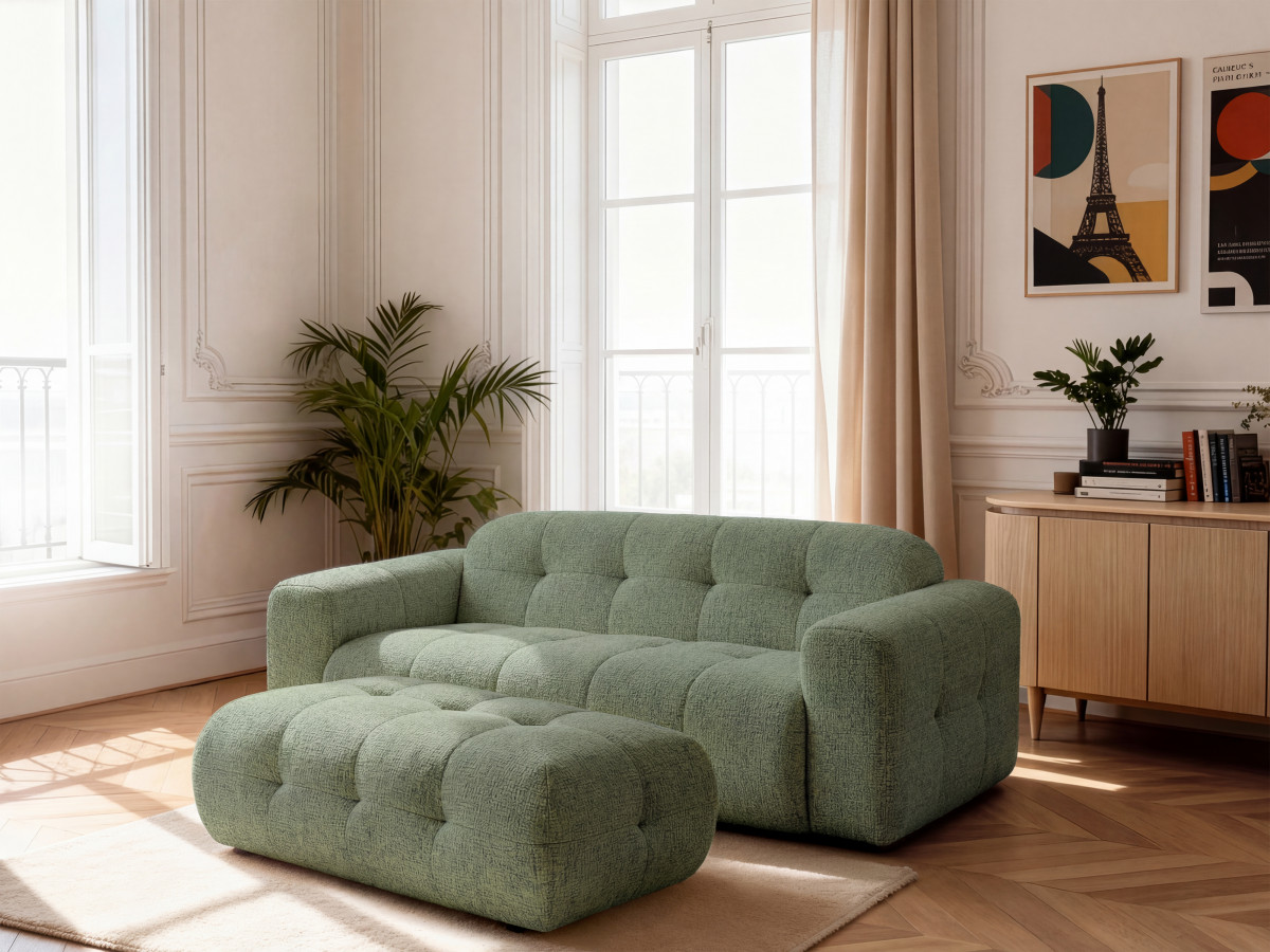 Canapé droit 3 places LAURA chiné avec grand pouf vert clair