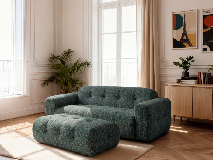 Canapé droit fixe 3 places LAURA tissu chiné avec grand pouf