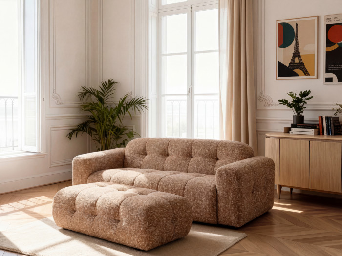 Canapé droit fixe 3 places LAURA tissu chiné avec grand pouf