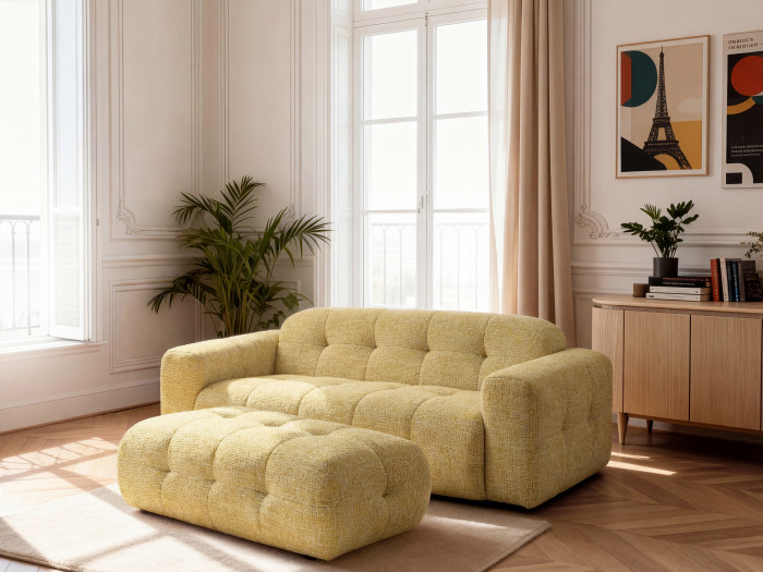 Canapé droit fixe 3 places LAURA tissu chiné avec grand pouf