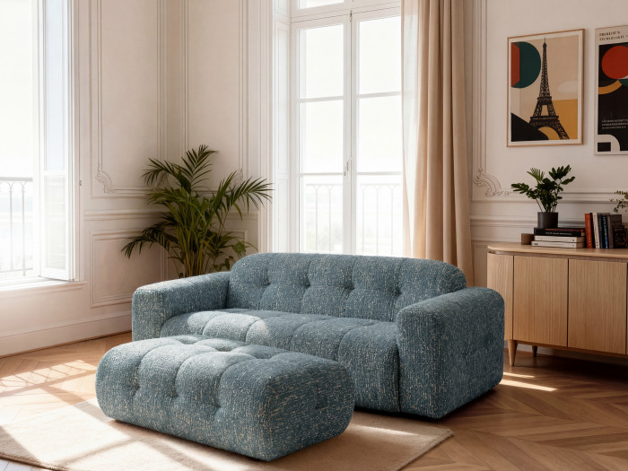 Canapé droit fixe 3 places LAURA tissu chiné avec grand pouf