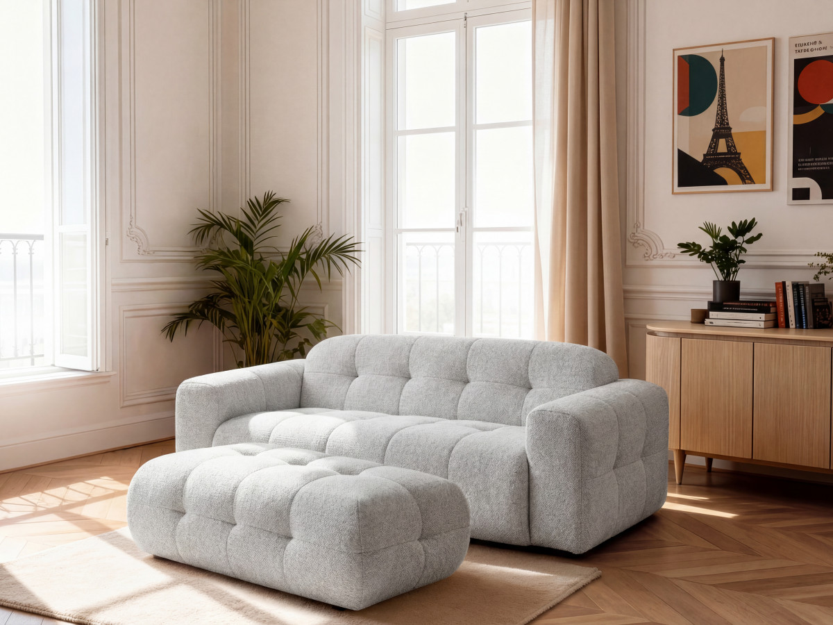 Canapé droit 3 places LAURA chiné avec grand pouf gris clair