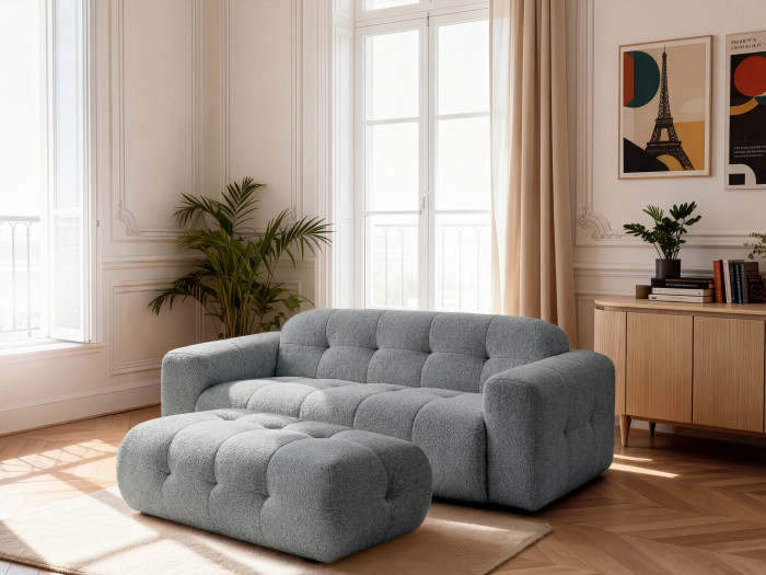 Canapé droit fixe 3 places LAURA tissu chiné avec grand pouf